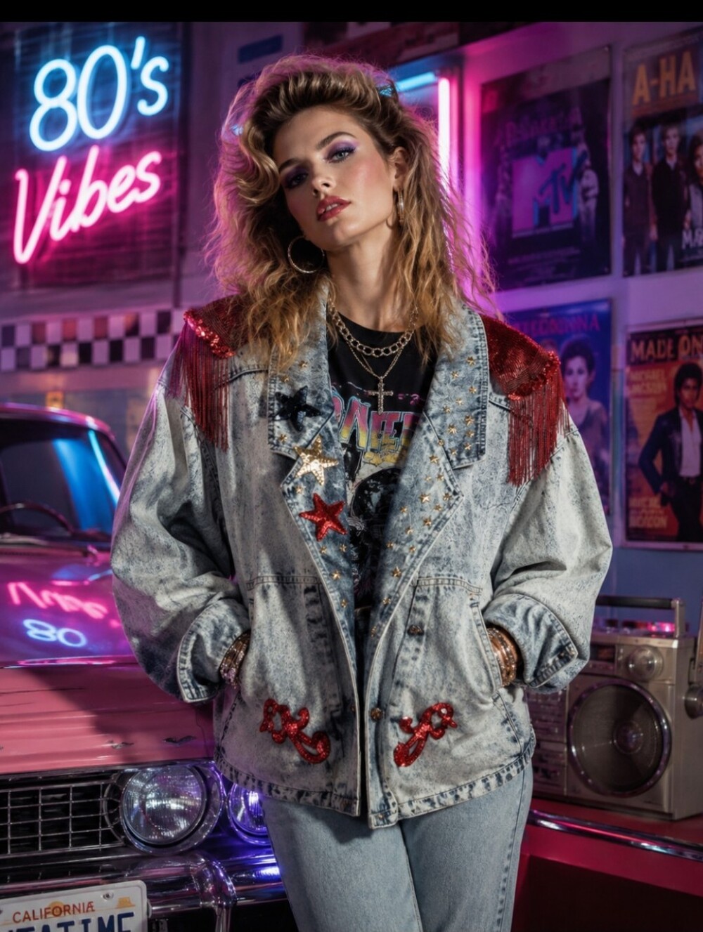 M.T.C.Vtg Embellished Denim Sequin Stars Fringe Unique Statement Jacket
